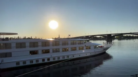 Mainz, Germany 10 August 2026 selective focus tourist ship docked on the rh.. Stock Footage 344801770