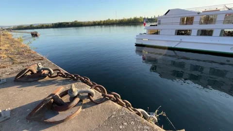 Mainz, Germany 10 August 2026 selective focus passenger boat moored on the .. Stock Footage 344801794