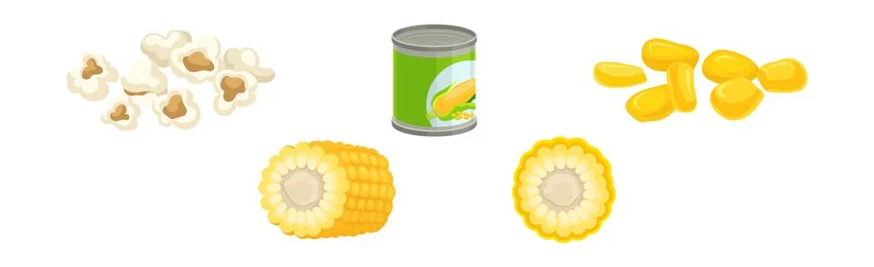Maize or Corn as Cereal Grain with Yellow Kernels or Seeds Vector Set Illustrazione stock