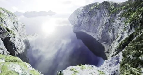 Majestic cliffs reflect sunlight over serene body of water at dawn Stock Illustration