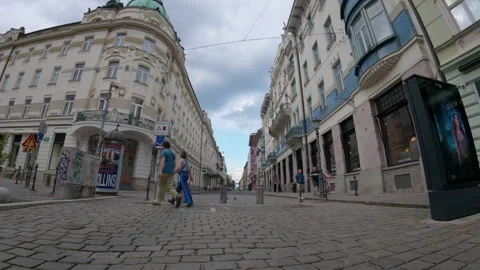 Majestic corner building at a street intersection in downtown Ljubljana Stock Footage 346167373