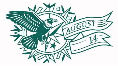 Majestic eagle soaring above compass rose August 14th design teal green vector Stock Illustration