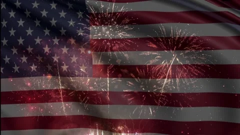 Majestic Fireworks Exploding Across the Waving USA Flag Video stock 336900715