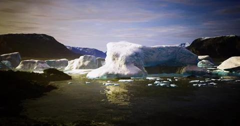 Majestic icebergs float in a tranquil arctic seascape at dusk Stock Illustration