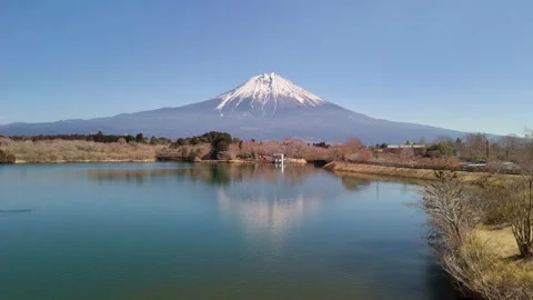 Majestic Mount Fuji Reflection over Calm Lake Scenic Drone Shot Stock Footage 336797722