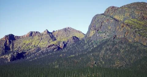 Majestic mountain range with dense forest under clear blue sky Stock Illustration