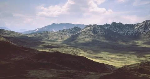 Majestic mountain range with dramatic shadows and lush valleys in daylight Illustrazione stock