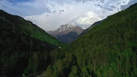 Majestic Mountain Range with Forest, River, and Cloudy Sky Stock Footage 243858155