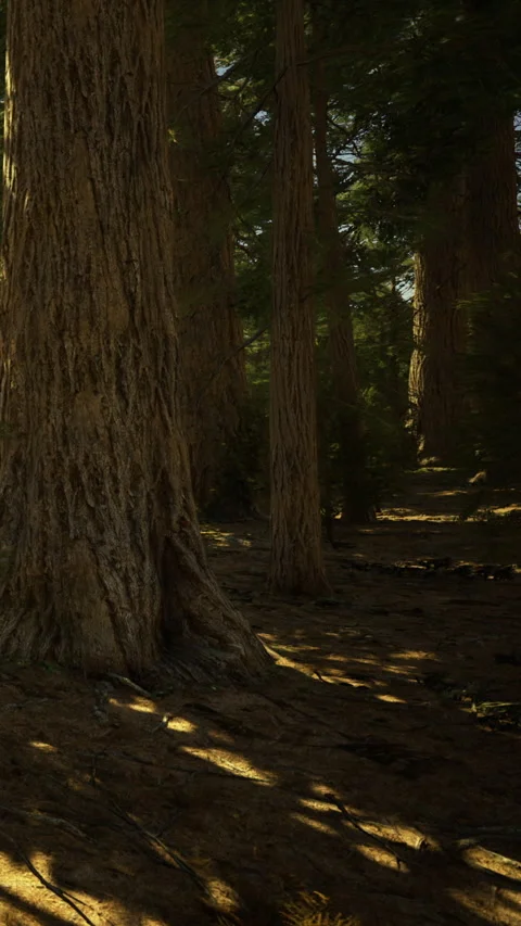 Majestic sequoia trees create shadows in a tranquil forest scene Stock Footage 335238978