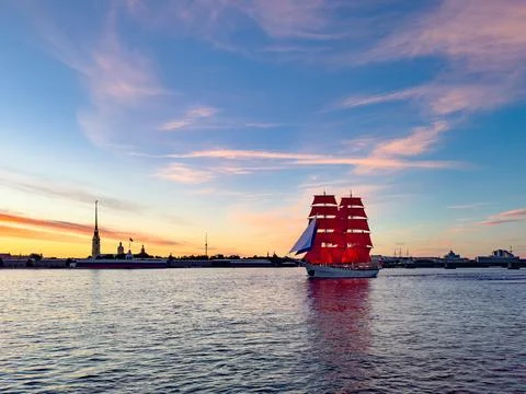 Majestic Ship with Red Sails at Sunset on the Neva River, St. Petersburg Stock Photos