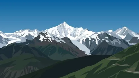Majestic Snow Capped Mountain Range Vector Landscape Stock Illustration