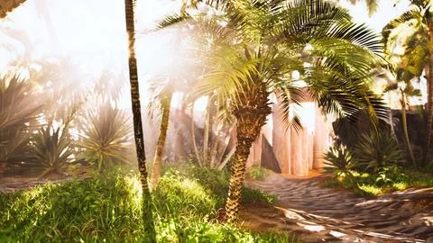 Majestic sun rays shining through lush palm canopy Illustrazione stock