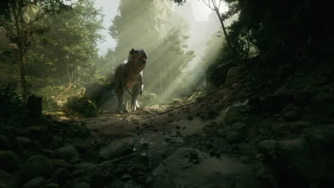 Majestic T-Rex exploring a dense prehistoric jungle Video stock 295180245