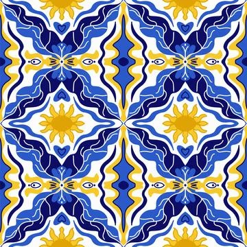 Majolica pattern. Sicilian hand drawn blue ornament. Traditional blue ceramic Stock Illustration