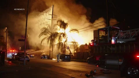 Major Emergency Fire Consumes Multiple Structures With 3 Injured in Los Ange... Stock Footage 276729835
