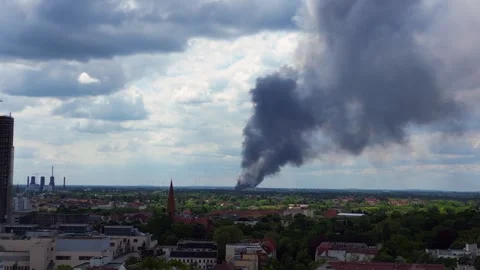 Major fire smoke plume over berlin cityscape Spectacular aerial top view drone Stock Footage 274371041