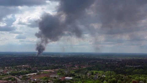 Major fire smoke plume over berlin cityscape Great aerial top view flight drone Stock Footage 274371052