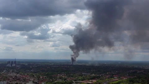 Major fire smoke plume over berlin cityscape Perfect aerial view flight drone Stock Footage 274371060