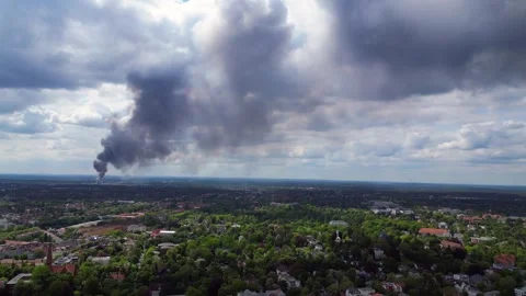 Major fire smoke plume over berlin cityscape Stunning aerial view flight drone Stock Footage 274371081