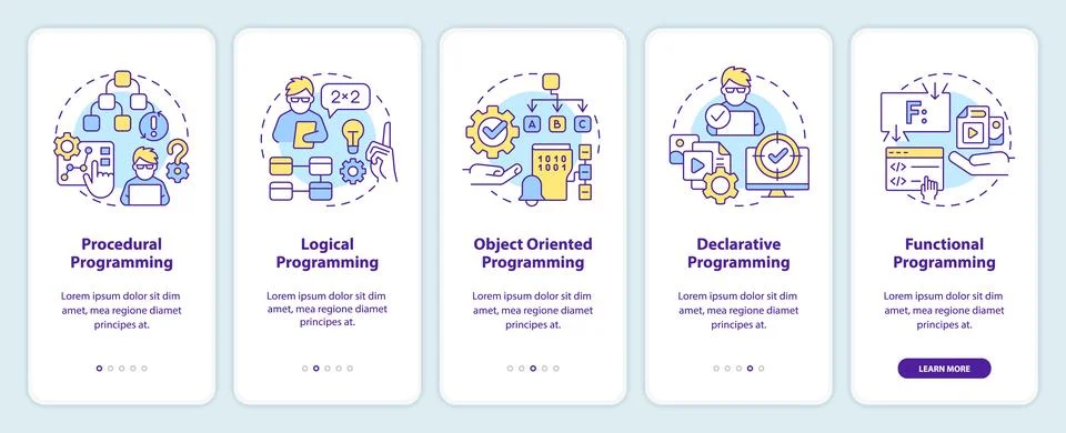 Major programming paradigms onboarding mobile app screen Illustrazione stock