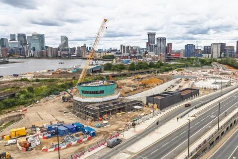 Major riverfront infrastructure construction site in London with cranes. London Stock Photos