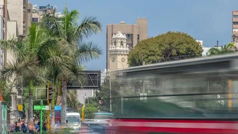 Major road intersection on Plaza Grau square with traffic timelapse in Lima. 스톡 사진