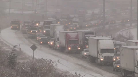 Major traffic jam on highway in snow storm on cold winter day Stock-Footage 44980282