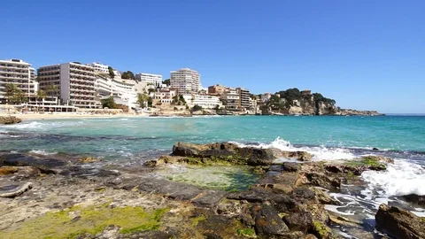 Majorca beach of Cala Major, Spain Mediterranean Sea, Balearic Islands Stock Footage 100681430