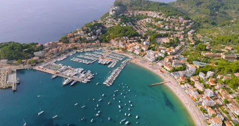 Majorca, Spain. Aerial view of summer resort town Port de Soller on Mallorca Video stock 220738056