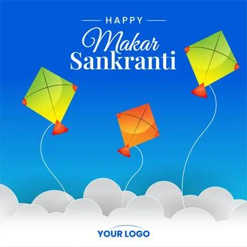 Makar sankranti kites flying in clouds greeting vector Illustrazione stock