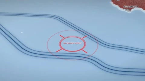 Makassar Strait naval blockade map on a pale 3D terrain relief Видео 344268493