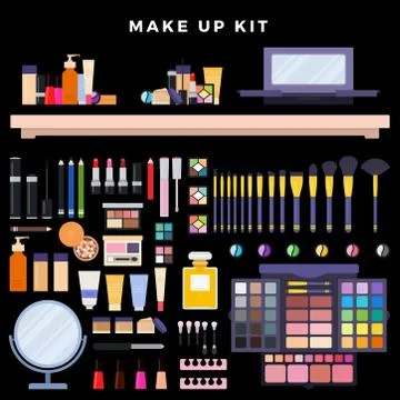 Make up and brush lettering on pink art brush stroke with cosmetics collection Stock Illustration