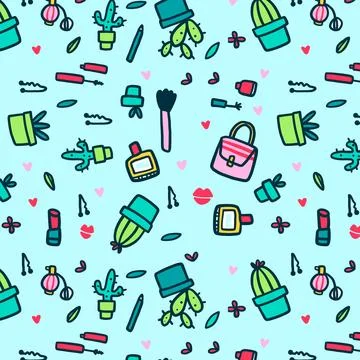 Make-up and cacti seamless pattern 스톡 일러스트