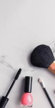 Make-up and cosmetics flatlay on marble Stock Photos