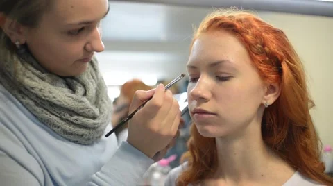 Make Up Artist And Beautiful Model Red On Set Stock Footage 56708411