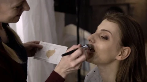 Make-up artist applies blush on model Stockbeeldmateriaal 85756779