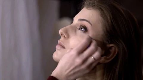 Make-up artist applies blush on the model close-up Vídeo Stock 85757029