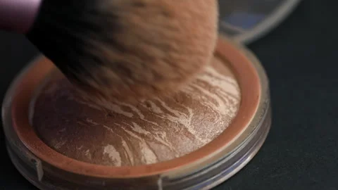 Make-up artist applies makeup on a large fluffy brush. Facial sculptor close-up Stock Footage 244171217