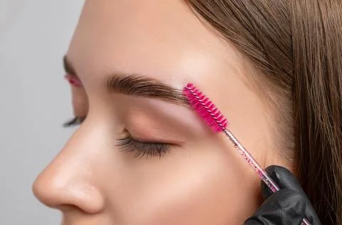 The make-up artist does Long-lasting styling of the eyebrows of the eyebrow.. Stock Photos