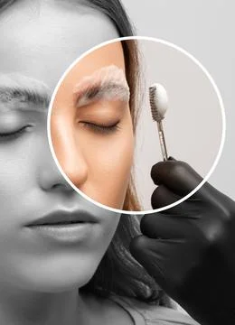 The make-up artist does Long-lasting styling of the eyebrows and will color.. Stock Photos