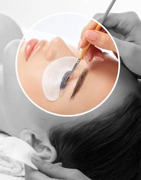 Make-up artist makes the procedure of lamination and dyeing of eyelashes to.. Stock Photos