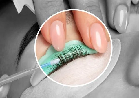 Make-up artist makes the procedure of lamination and dyeing of eyelashes to.. Stock Photos