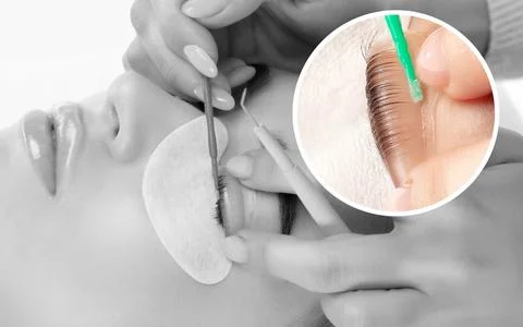 Make-up artist makes the procedure of lamination and dyeing of eyelashes to.. Stock Photos