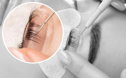 Make-up artist makes the procedure of lamination and dyeing of eyelashes to.. Stock Photos