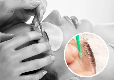 Make-up artist makes the procedure of lamination and dyeing of eyelashes to.. Stock Photos