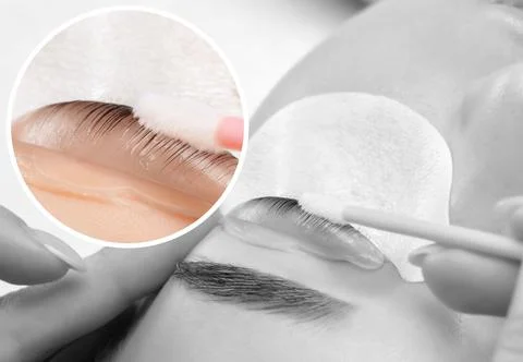 Make-up artist makes the procedure of lamination and dyeing of eyelashes to.. Stock Photos