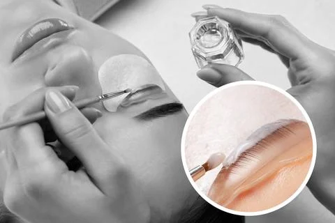 Make-up artist makes the procedure of lamination and dyeing of eyelashes to.. Stock Photos