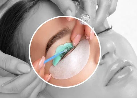 Make-up artist makes the procedure of lamination and dyeing of eyelashes to.. Stock Photos