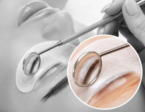 Make-up artist makes the procedure of lamination and dyeing of eyelashes to.. Stock Photos