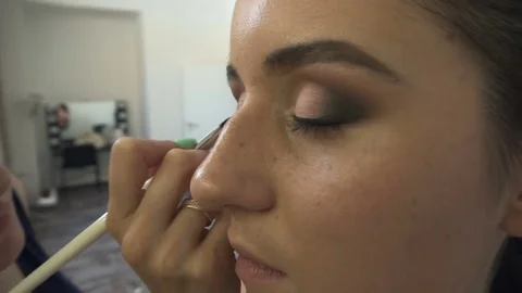 Make-up artist makes a professional make-up for a beautiful girl Stock Footage 77553967